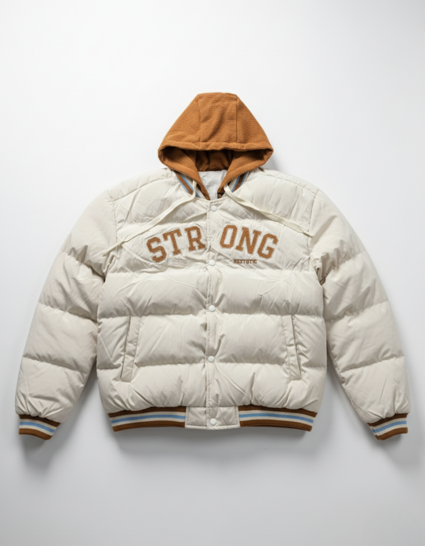 STAYING TRUE 'STRONG' Varsity Hooded Puffer Jacket - Coffee Brown | Ultimate Warmth, Layered Design & Street Style