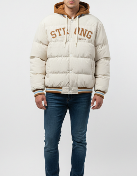 STAYING TRUE 'STRONG' Varsity Hooded Puffer Jacket - Coffee Brown | Ultimate Warmth, Layered Design & Street Style