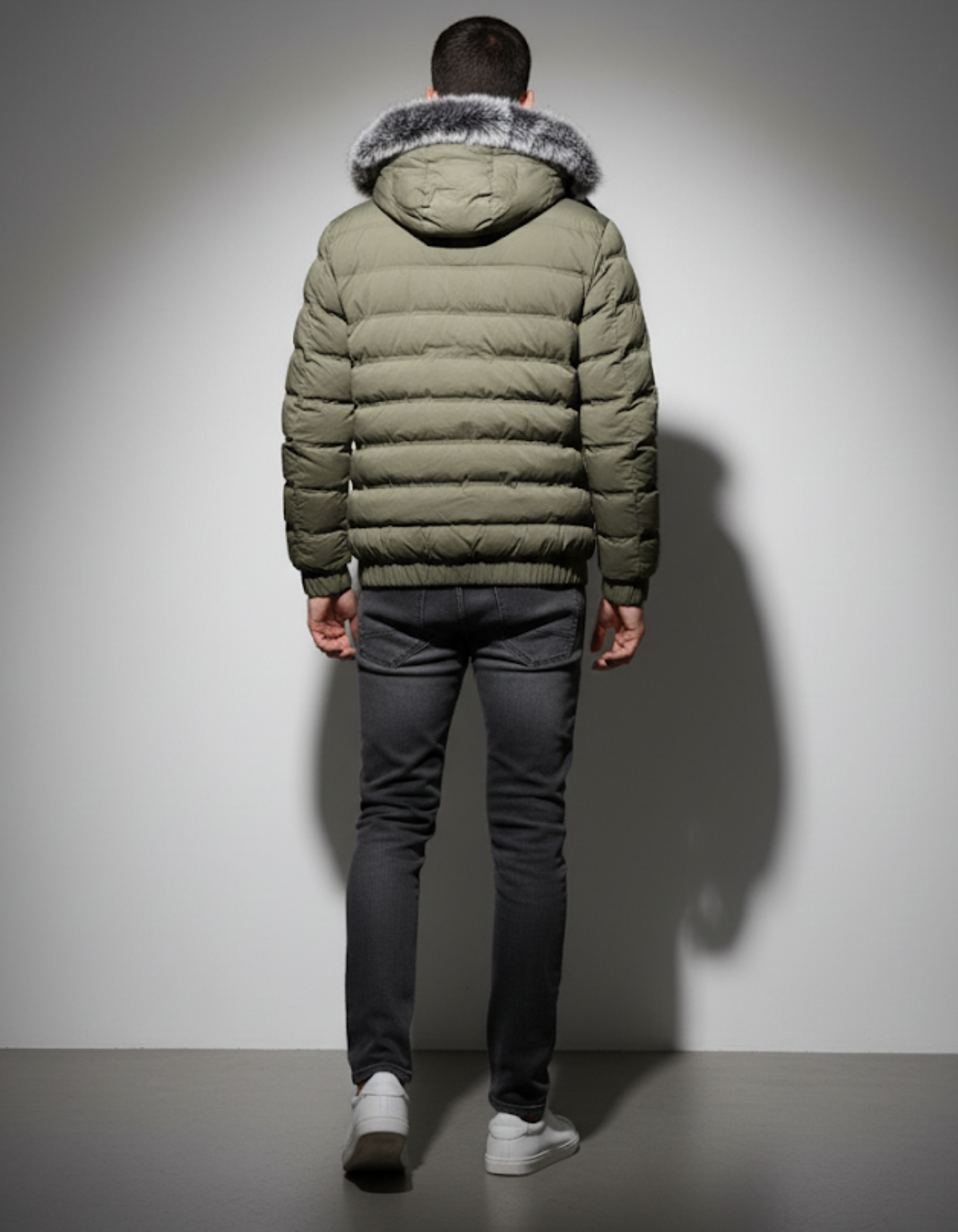 Armani Men's Olive Green Puffer Jacket with Detachable Faux Fur Hood