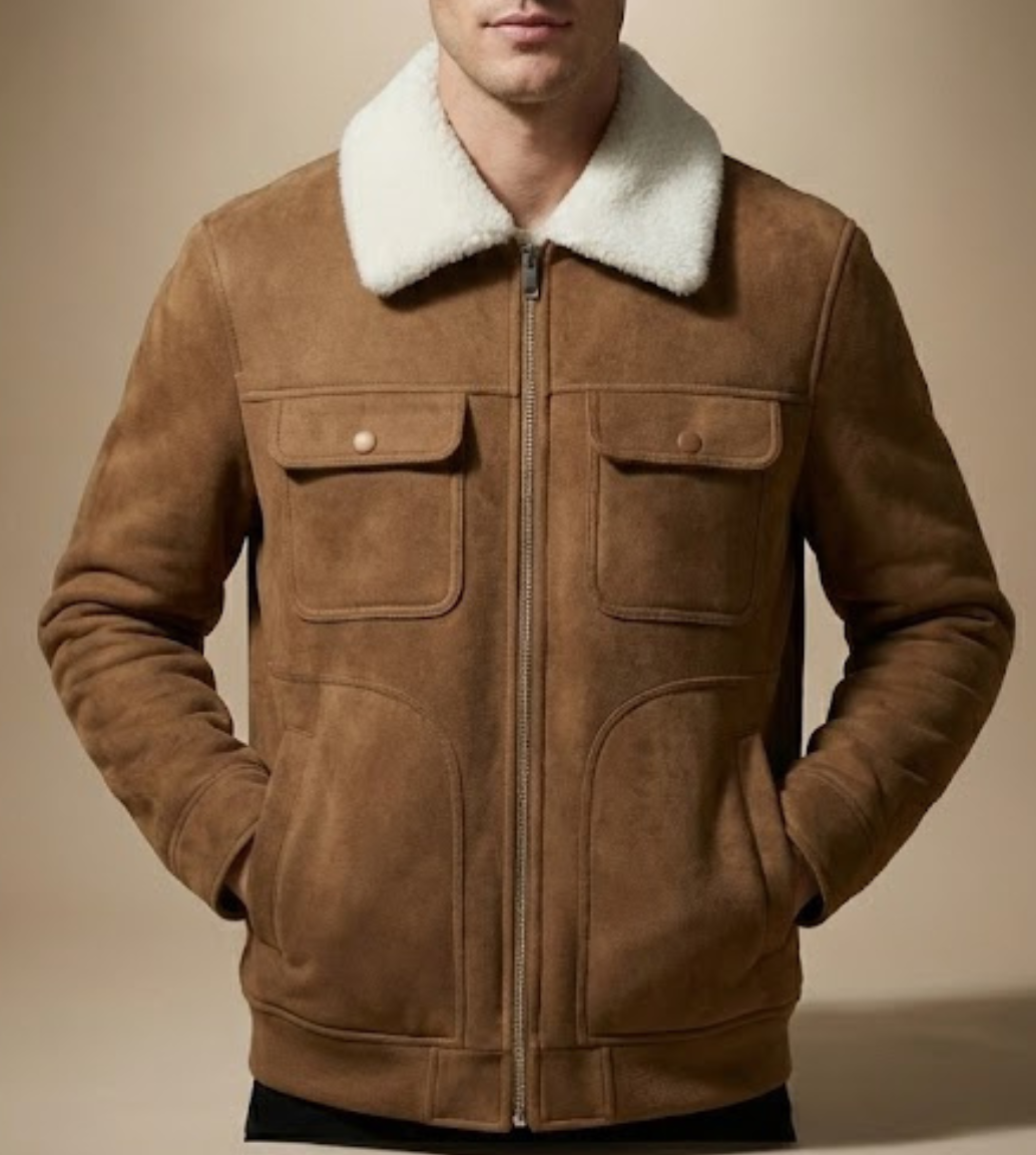 Faux Suede Bomber Jacket with Plush Shearling Collar