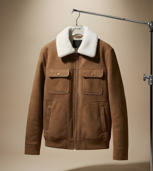 Faux Suede Bomber Jacket with Plush Shearling Collar