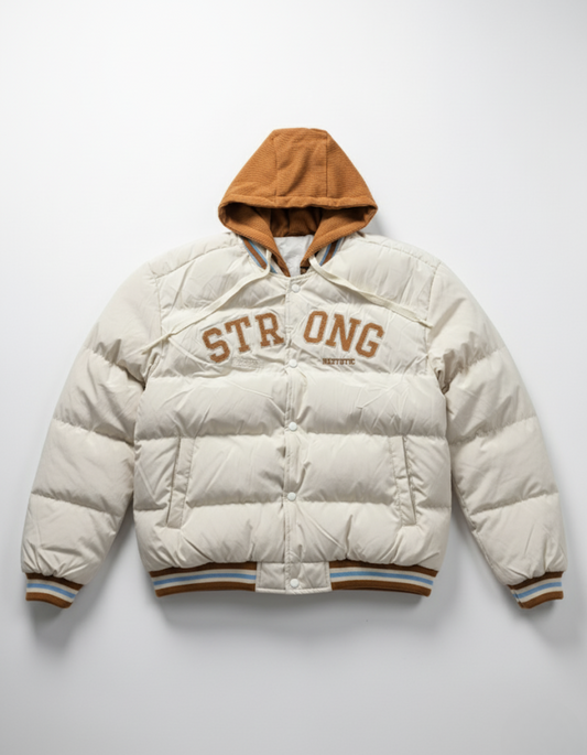 STAYING TRUE 'STRONG' Varsity Hooded Puffer Jacket - Coffee Brown | Ultimate Warmth, Layered Design & Street Style