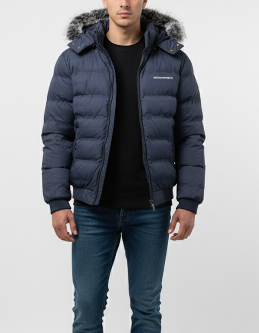 Armani Lux Hooded Puffer Jacket - Navy Blue | Premium Design, Faux Fur Trim, and Exceptional Warmth
