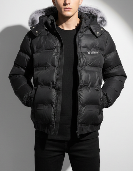 Armani Men's Black Puffer Jacket with Detachable Faux Fur Hood