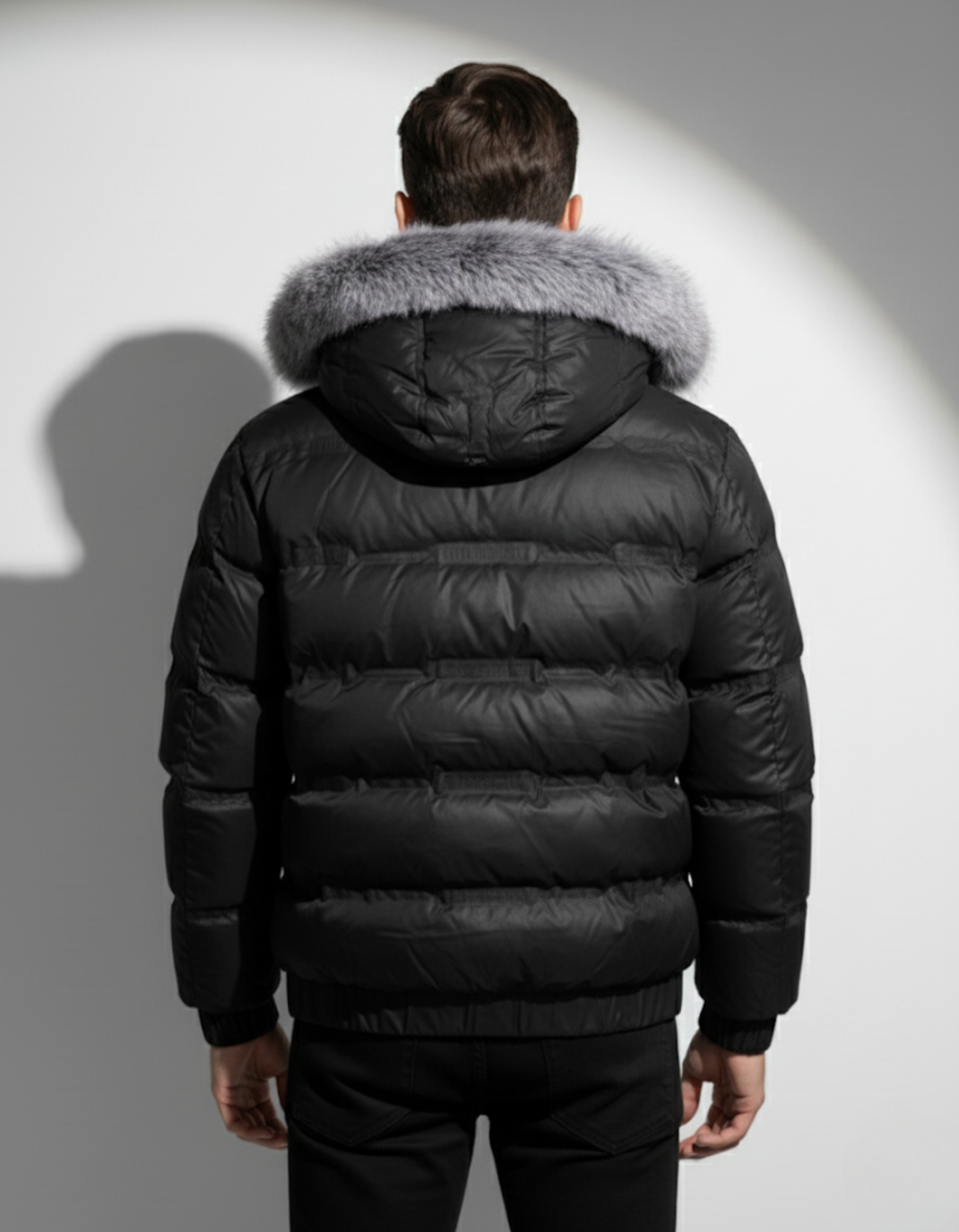 Armani Men's Black Puffer Jacket with Detachable Faux Fur Hood