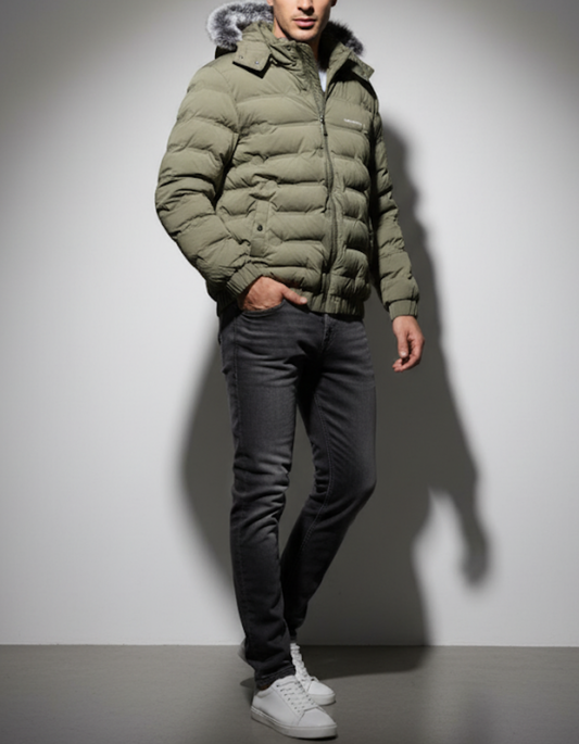 Armani Men's Olive Green Puffer Jacket with Detachable Faux Fur Hood